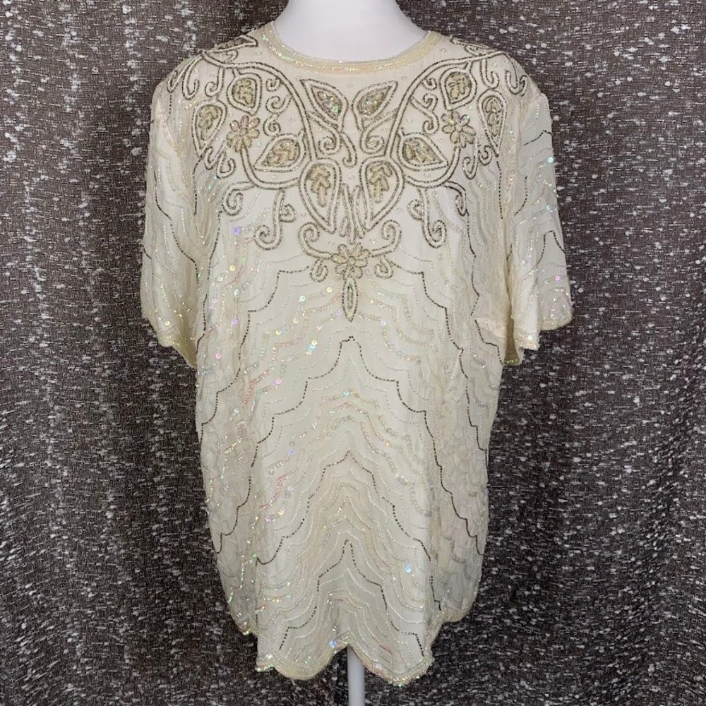 Papell Boutique Evening Beaded Silk Top Cream Vintage Blouse Glam Women's 1X